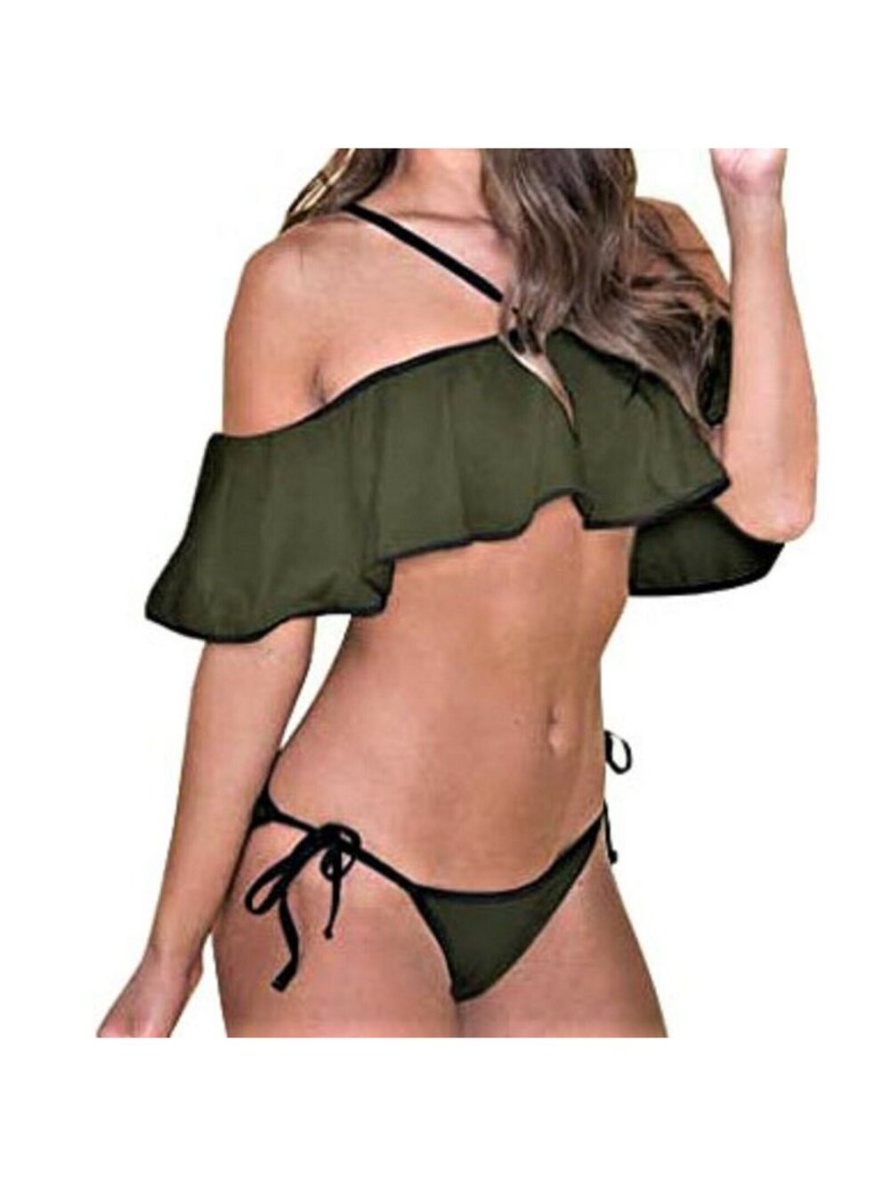 PRETTODAY 2 Piece Swimsuit Off Shoulder Ruffled Bikini Set Tie Side Green Sz XL